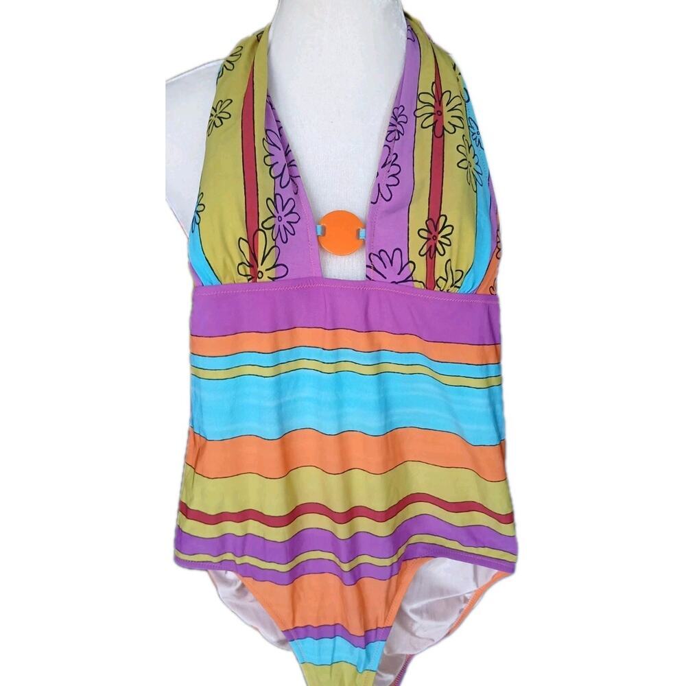 Gideon Oberson Printed Plunge Neck One Piece‎ Swimsuit Size 10 Multi Color